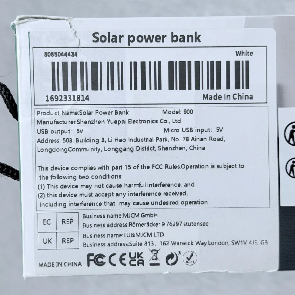 Solar Power Bank Mdl 900 White Portable Charger 2 USB Output Micro Type-C Input